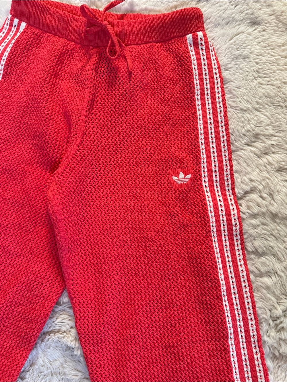 Adidas Red Crochet RARE Knit Track Pants with White Three Stripes - Picture 10 of 15